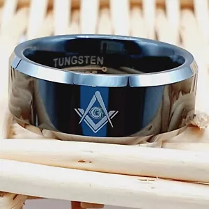 8mm Masonic Tungsten Wedding Band Black Tungsten Ring Men's Masonic Band - Picture 1 of 9