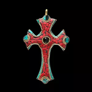 Handgefertigter Boho-Kreuz-Anhänger ROTE KORALLE, ONYX & TÜRKIS EDELSTEIN TIB... - Bild 1 von 1