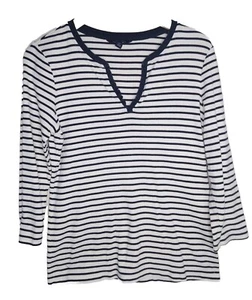 Lands End 3/4 Sleeve V Neck Ruffle Trim White Navy Stripe Womens Small 6-8 Top - Picture 1 of 4