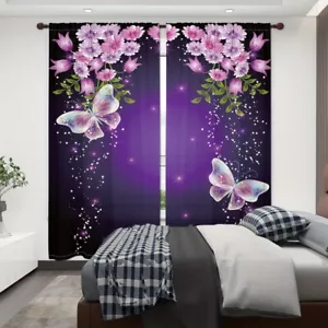 2pcs Classic Butterfly and Floral Print Rod Pocket Curtains Bedroom Living Room - Picture 1 of 11