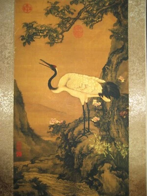 古中国古董绘画卷轴关于起重机桂花米纸 — 第 1/4 张图片