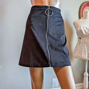 Kensie Faux Suede Mini Skirt Black Mod O-Ring Zip Front Silver 60s Size L - Picture 1 of 7