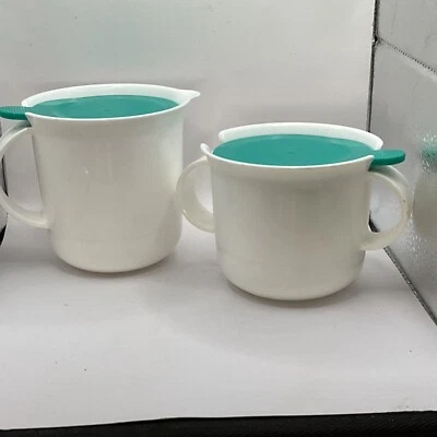 Tupperware 2309A/2310A Creamer & Sugar Bowl With Snap On Teal Blue-Green Lids - Image 1 of 4