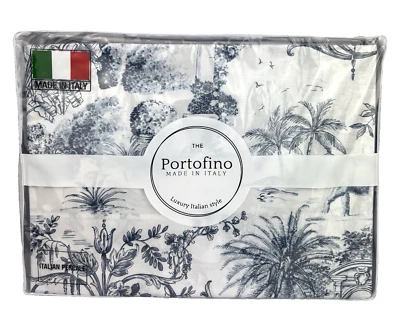 Portofino QUEEN Sheet Set Jungle Toile Elephant Print White Blue Made in Italy - Image 1 of 4
