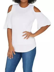ISAAC MIZRAHI LIVE! Size S Cold Shoulder Flutter Short Sleeve Sweater WHITE - Picture 1 of 5