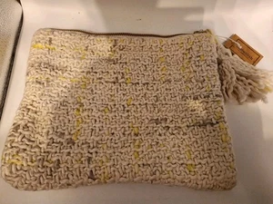 10"L x 8"H Woven Fabric Boucle Croix Zip Pouch w/ Tassel White/yellow/grey - Picture 1 of 5
