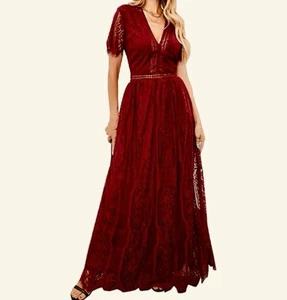 Womens Long Evening Party Dress Lace Short Sleeve V-Neck Rose Red Size Large - Picture 1 of 2