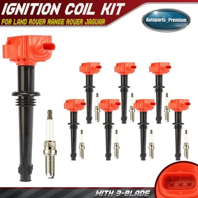 8x Red Ignition Coil & 8x Iridium Spark Plug for Land Rover Range Rover Jaguar - Image 1 of 4