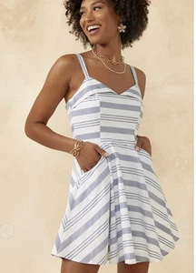 Francesca's Amara Striped Mini Dress Sz M NWT Cottagecore Nautical Coastal Girly - Picture 1 of 9