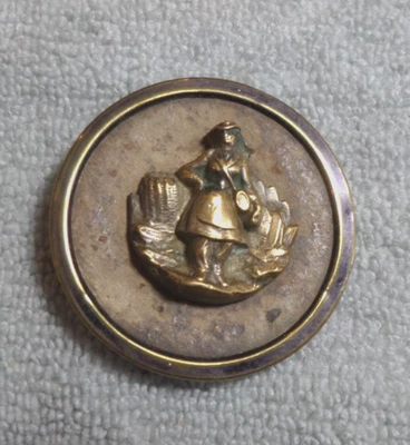 Large Vintage Antique Metal & Leather Picture Button LADY TRAVELER - Image 1 of 4