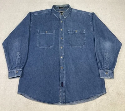 Vintage Perry Ellis America Shirt Mens L Blue Denim Button Up Pockets Logo 90’s - Image 1 of 4