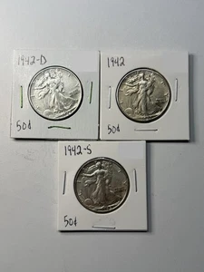 (Qty. 3) 1942 50¢ Walking Liberty Half Dollars - Picture 1 of 2