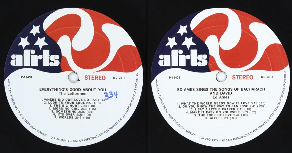 C1970 AFRTS The Lettermen Ed Ames Bacharach David Pop Standards Armed Forces LP - Image 1 of 4