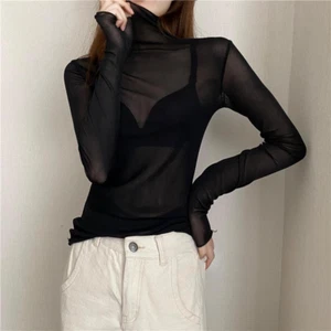 Lady Lace Mesh Shirt Tops T-shirts Sheer High Neck Sexy Basic See Through Casual - Bild 1 von 21