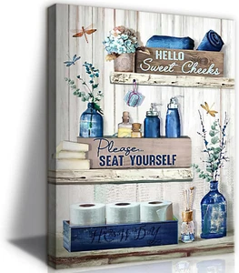 Navy Blue Bathroom Decor Wall Art Rustic Blue Bathroom Canvas Wall Decor Bathroo - Picture 1 of 12