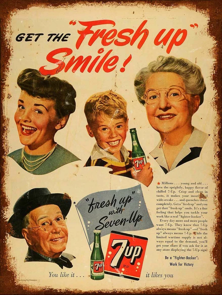 FRESH UP SMILE 7UP SEVEN UP SODA 16" HEAVY DUTY USA MADE METAL AGED ADV SIGN - Image 1 of 1