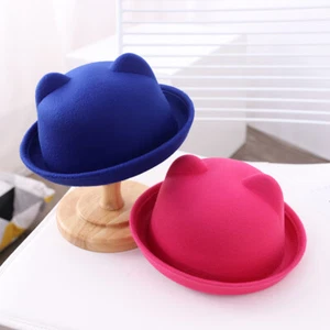 Kid Boys Girls Faux Wool Bowler Hat Cap Roll Brim Cute Vintage Style Solid Party - Picture 1 of 19