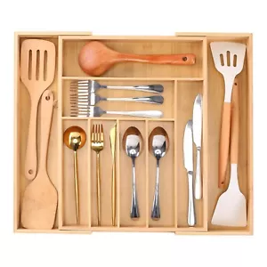 Extendable Bamboo Cutlery Tray Kitchen Drawer Organiser 7-8 Storage Compartments - Picture 1 of 9