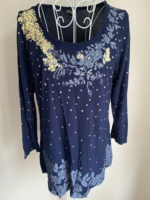 Changes By Together Women Top Size 12 Navy Blue Mix Floral Round Neck 3/4 Sleeve - Image 1 of 4