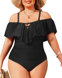 Women plus Size One Piece Swimsuits Tummy Control Ruffle off Shoulder Bathing Su - Picture 1 of 12