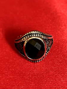 Men's Size 12 Black Stone Faceted Silver Colored Ring