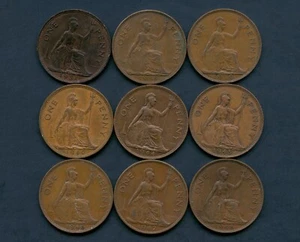 9 Great Britain 1 Penny Coins 1937 1938 1939 1940 1944 1945 1946 1947 & 1948 - Picture 1 of 2