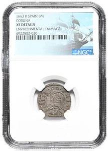 COLONIAL ERA SPAIN. Philip IV, 1621-1665. 8 Maravedis, 1663-R, NGC XF Details - Picture 1 of 2