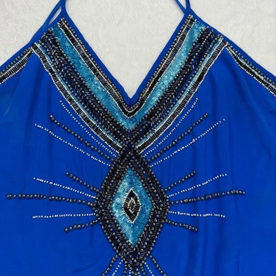Haute Hippie Silk Beaded Dress Halter Sleeveless Blue Party Dress L - Image 1 of 4