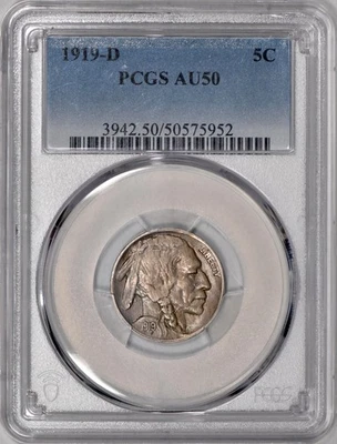 1919-D Buffalo Nickel 5c PCGS AU50 - 100% Original! - Image 1 of 3