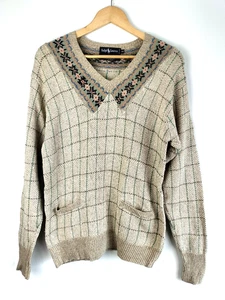 Ralph Lauren handgestrickt V-Ausschnitt Seide & Ramie Karo kariert Pullover-Damen Medium - Bild 1 von 10