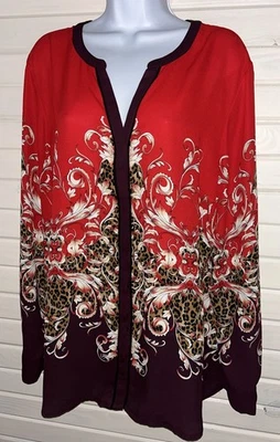 Túnica Dana Buchman Etiqueta Dorada Talla 16 Roja Borgoña Estampado Barroco Botón Usada en Excelente Condición Foto 1 de 4