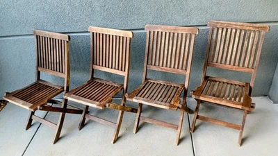 Vintage Teak Wood Slat Folding Chairs Farmhouse Country  - Image 1 of 4