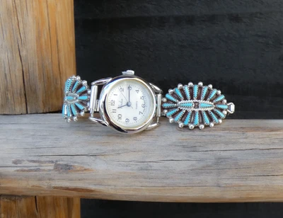 RARE Zuni Sterling Silver Turquoise Needlepoint Cluster Women's Watch Band VTG - Image 1 of 4