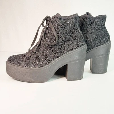 Y2K | Bakers | Chunky Platform Sneaker Booties | Black Lace Flora | Sz 6.5 - Image 1 of 4