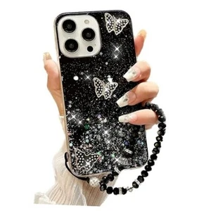 for iPhone 15 Pro Max Bling Case with Lanyard,Cute 3D Butterfly Glitter Black - Picture 1 of 7