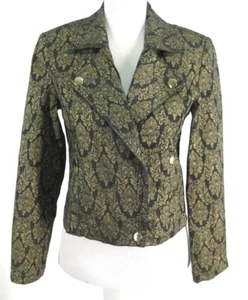 Ellen Tracy Moto Jacket Sz S Black Gold Waxed Denim Stretch Paisley Small - Picture 1 of 7