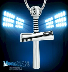 New Baseball Bat Cross Cremation Urn Keepsake Ash Silver Memorial Necklace - Picture 1 of 5