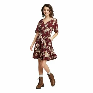 xhilaration floral print short sleeve v-neck smocked waist mini dress - Picture 1 of 4