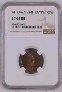 EGYPT SPECIMEN 1/2 MILLIEME KING FUAD AH1342- 1924-H NGC SP 64RB - Picture 1 of 4