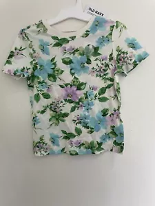 Old Navy Toddler Girls Purple Flower Print Cotton Short Sleeve Shirt White 4T - Picture 1 of 3