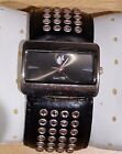 Punkyfish Ladies Leather Watch black face with jewel encrusted leather working 