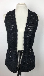 VTG Hand Crochet Girls Juniors Sweater Vest M/L Black Drawstring Waist Hips long - Picture 1 of 6