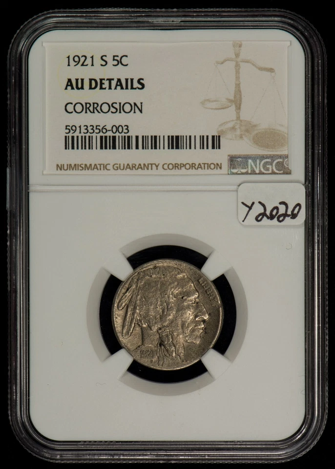 1921-S 5c Indian Head Buffalo Nickel - High-Grade Key Date - NGC AU Dets - Y2020 - Image 1 of 2