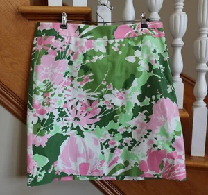 Pretty TALBOTS Pencil Skirt Ladies 16 Green Pink Floral Cotton Lined Vacation - Picture 1 of 9