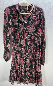 Womens Maison Scotch Black Pink Floral Shirt Dress Flared Long Sleeve Sheer Sz S - Picture 1 of 10
