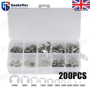 200x E Clips C Circlip Retaining Ring Stainless Steel Assorted 1.5mm to 10mm Kit - Picture 1 of 8