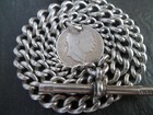 Antique Chunky HM Solid Silver Albert Pocket Watch Chain + Lions & 1816 Coin
