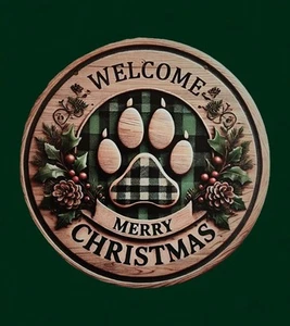 Letrero de bienvenida Feliz Navidad pata de perro, 8" redondo, madera - Imagen 1 de 6