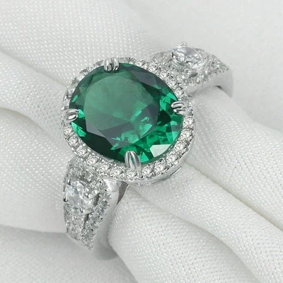 3Ct Oval Lab-Created Emerald Diamond Halo Engagement Ring 14K White Gold Plated - Image 1 of 4