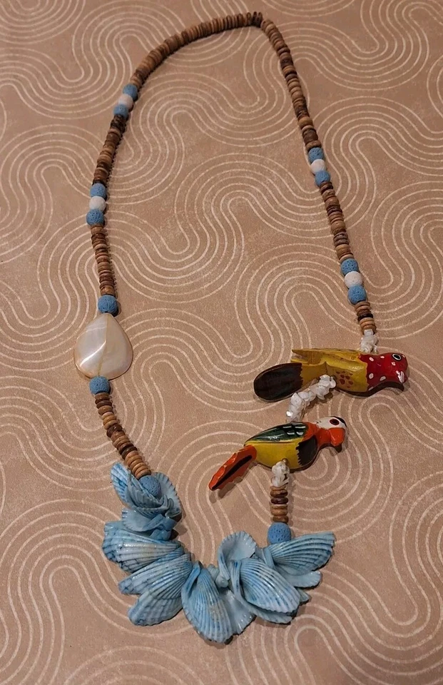  Collar Náutico Único Hecho a Mano Madera Pintada Loros/Aves Concha de Mar Redondo  Foto 1 de 4